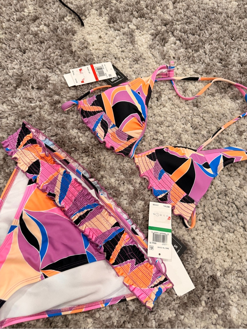 Macy's Pink Orange Blue Abstract Ruffle Bikini Set - Picture 2 of 9